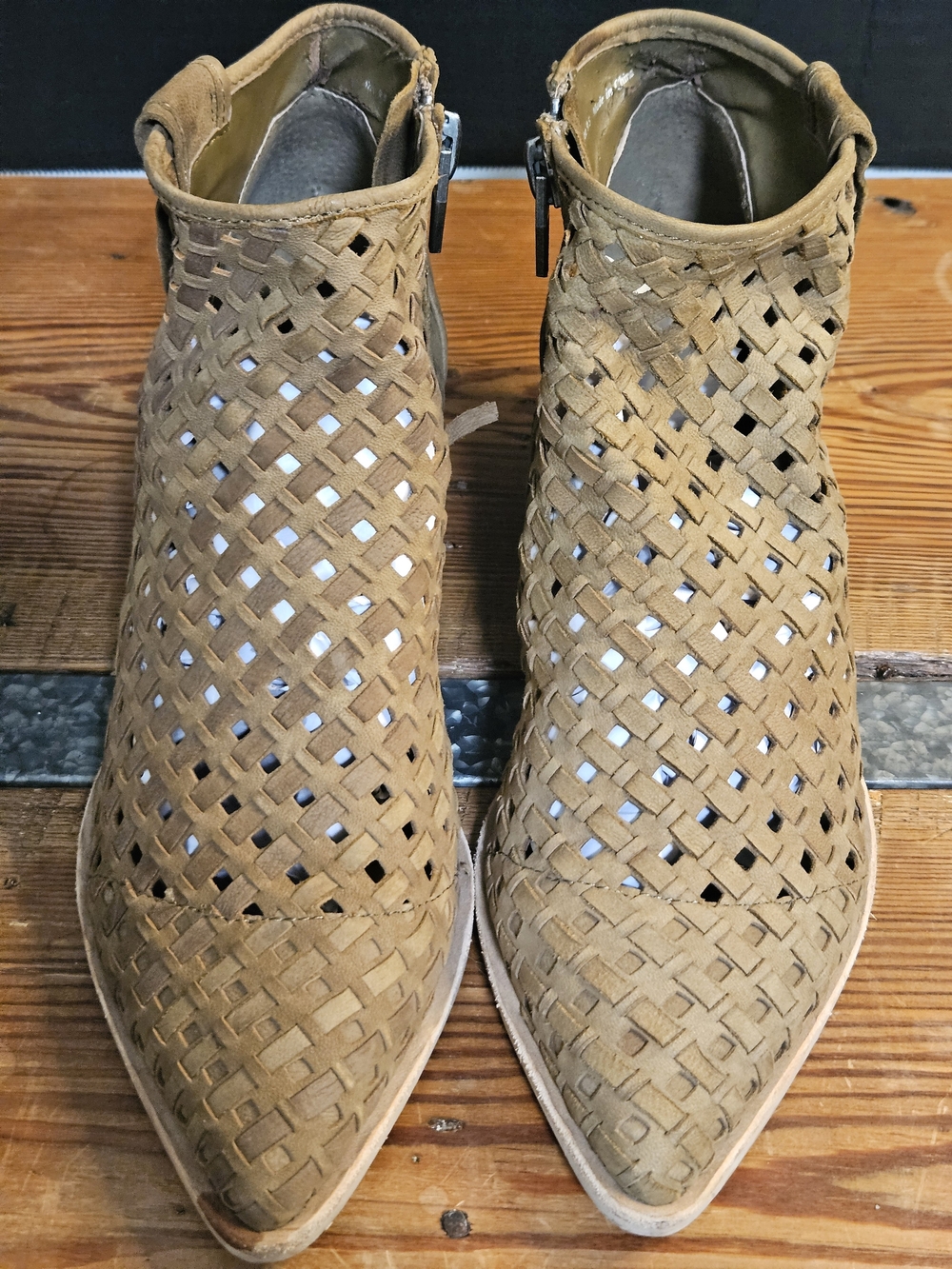 Dolce Vita Tan Woven Cutout Pointed Ankle Booties